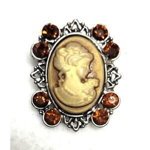 Victorian Style Cameo Brooch Silver Tone Filigree Pin Amber Rhinestones Art Deco